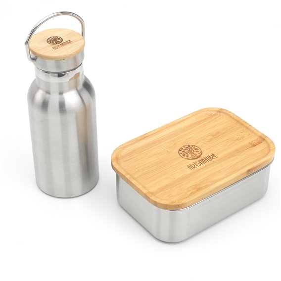 Arts-Nature Lunchbox Set mit Trinkflasche aus Edelstahl mit Holzdeckel hier im ARTS-Nature-Shop günstig online bestellen