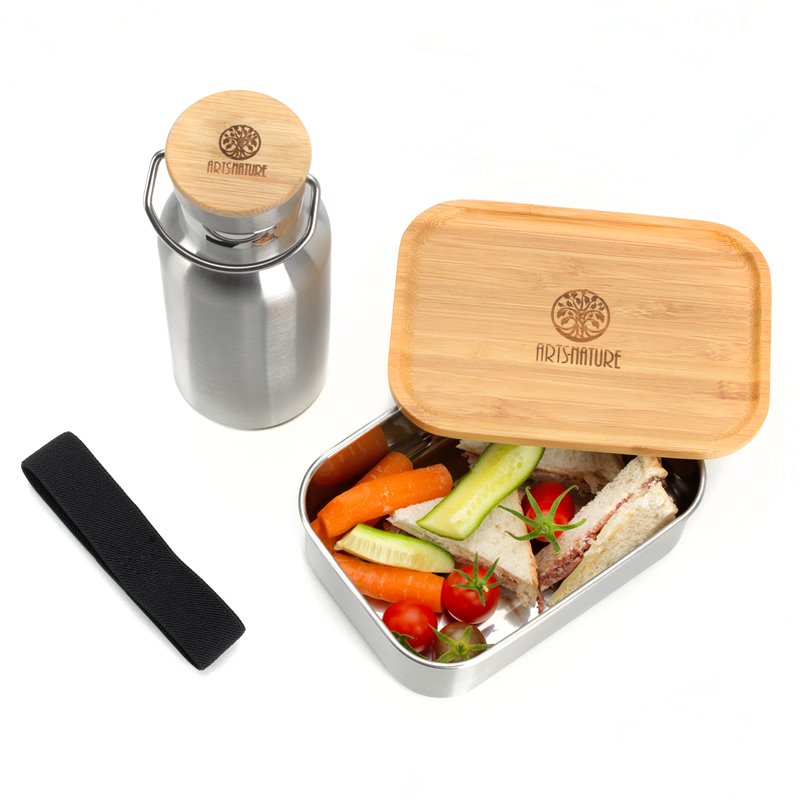 Arts-Nature Lunchbox Set mit Trinkflasche aus Edelstahl mit Holzdeckel hier im ARTS-Nature-Shop günstig online bestellen