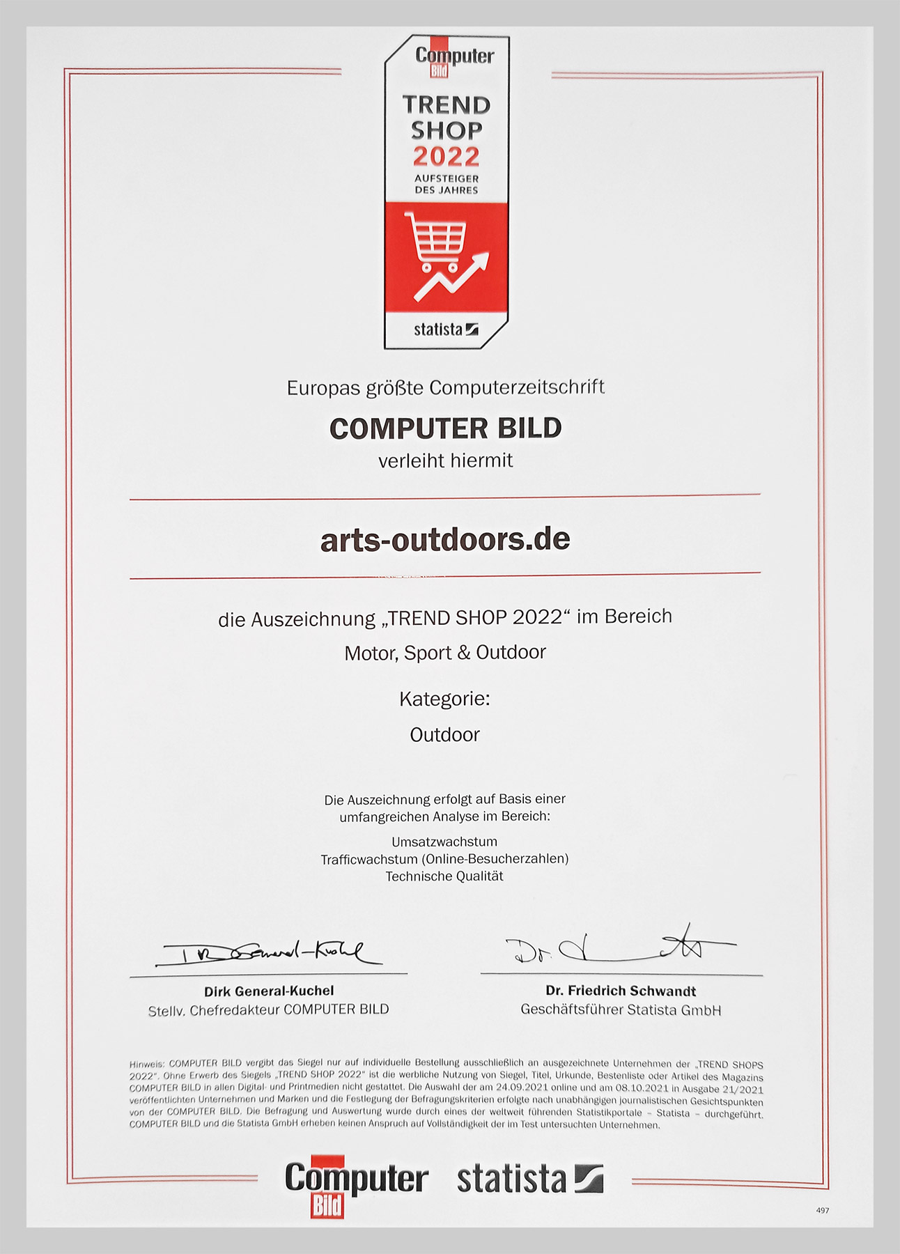 Arts-Outdoors Urkunde Trendshop 2022 - Aufsteiger des Jahres
